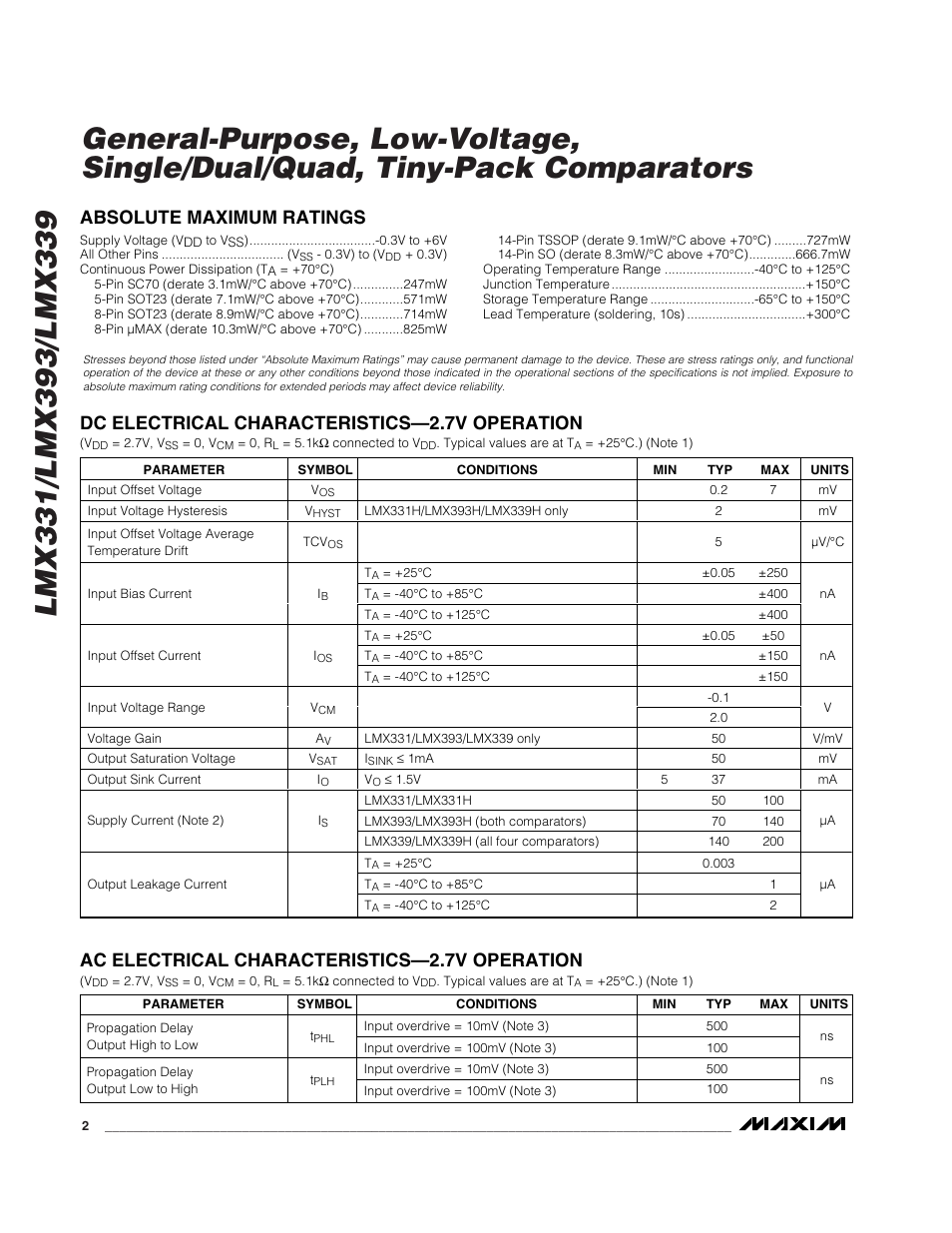 Ac electrical characteristics—2.7v operation | Rainbow Electronics LMX339 User Manual | Page 2 / 12