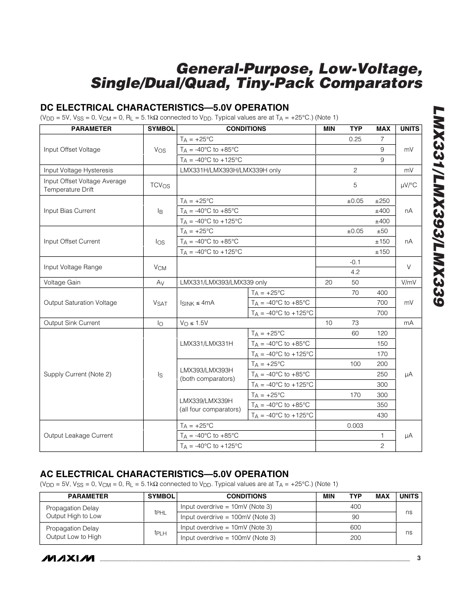 Dc electrical characteristics—5.0v operation, Ac electrical characteristics—5.0v operation | Rainbow Electronics LMX339 User Manual | Page 3 / 12