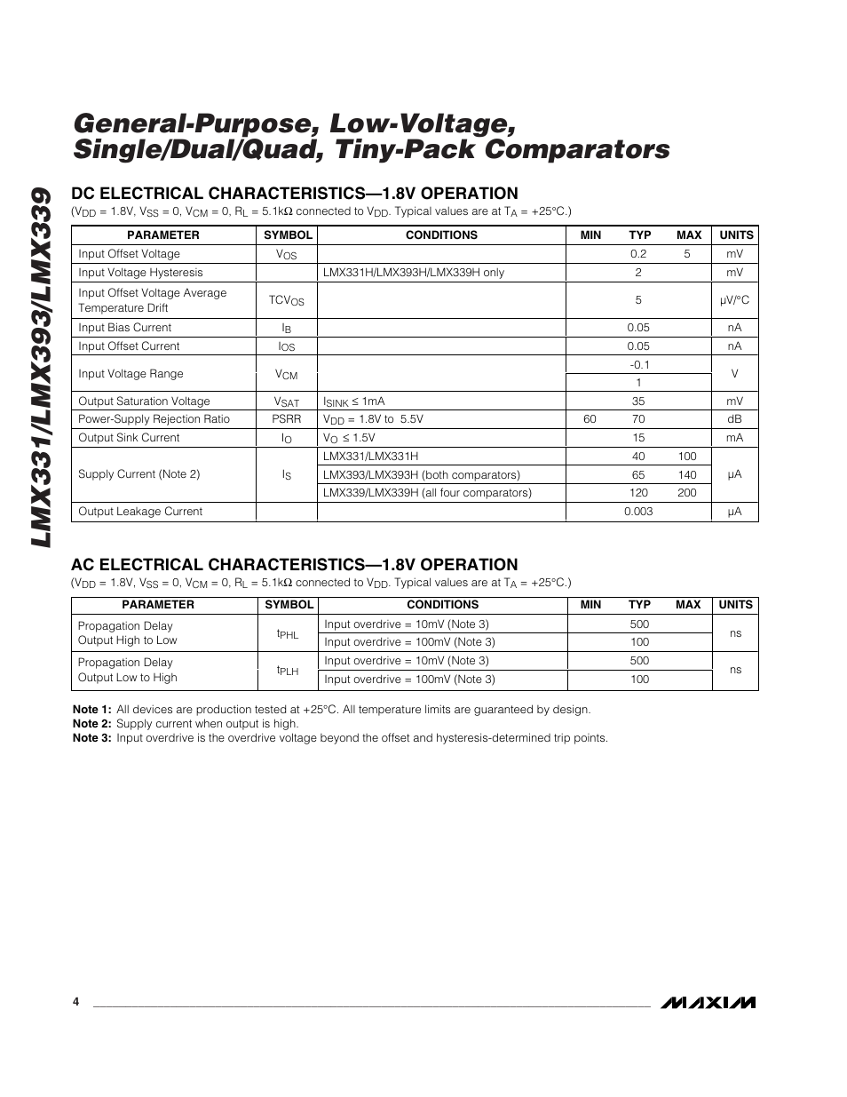 Dc electrical characteristics—1.8v operation, Ac electrical characteristics—1.8v operation | Rainbow Electronics LMX339 User Manual | Page 4 / 12