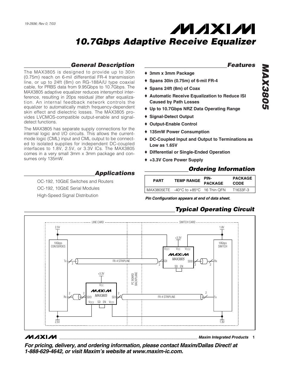 Rainbow Electronics MAX3805 User Manual | 10 pages