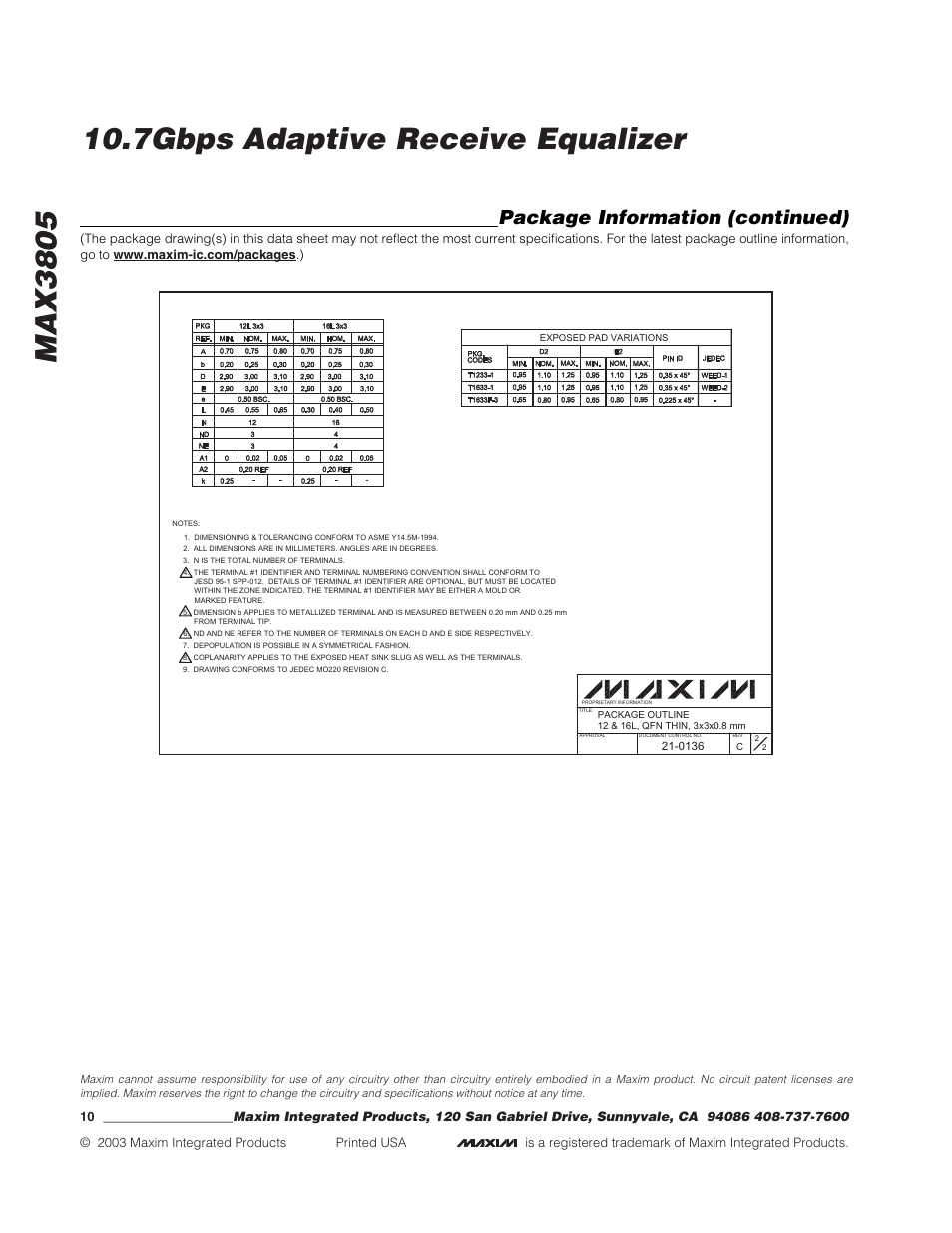 Package information (continued) | Rainbow Electronics MAX3805 User Manual | Page 10 / 10