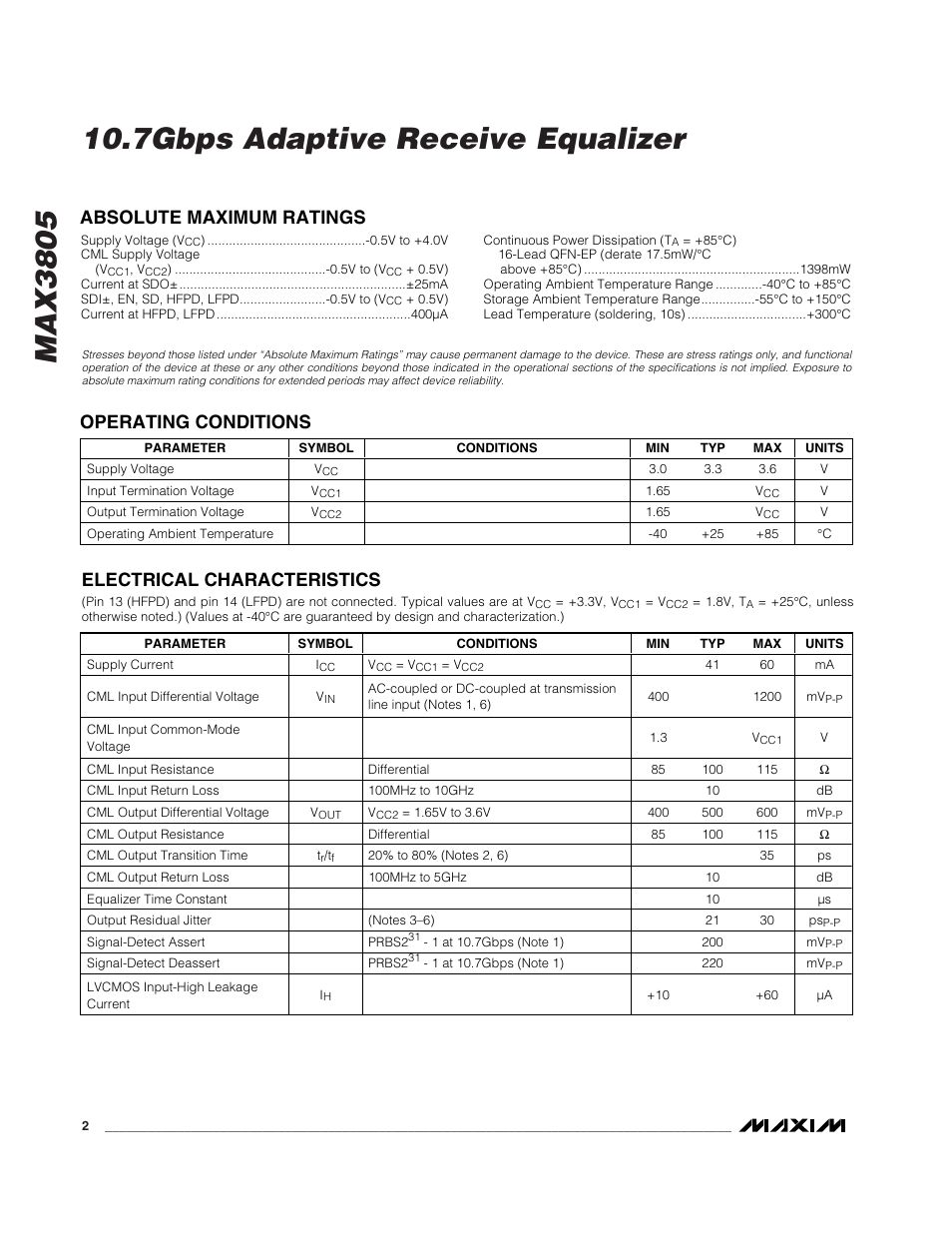 Operating conditions | Rainbow Electronics MAX3805 User Manual | Page 2 / 10