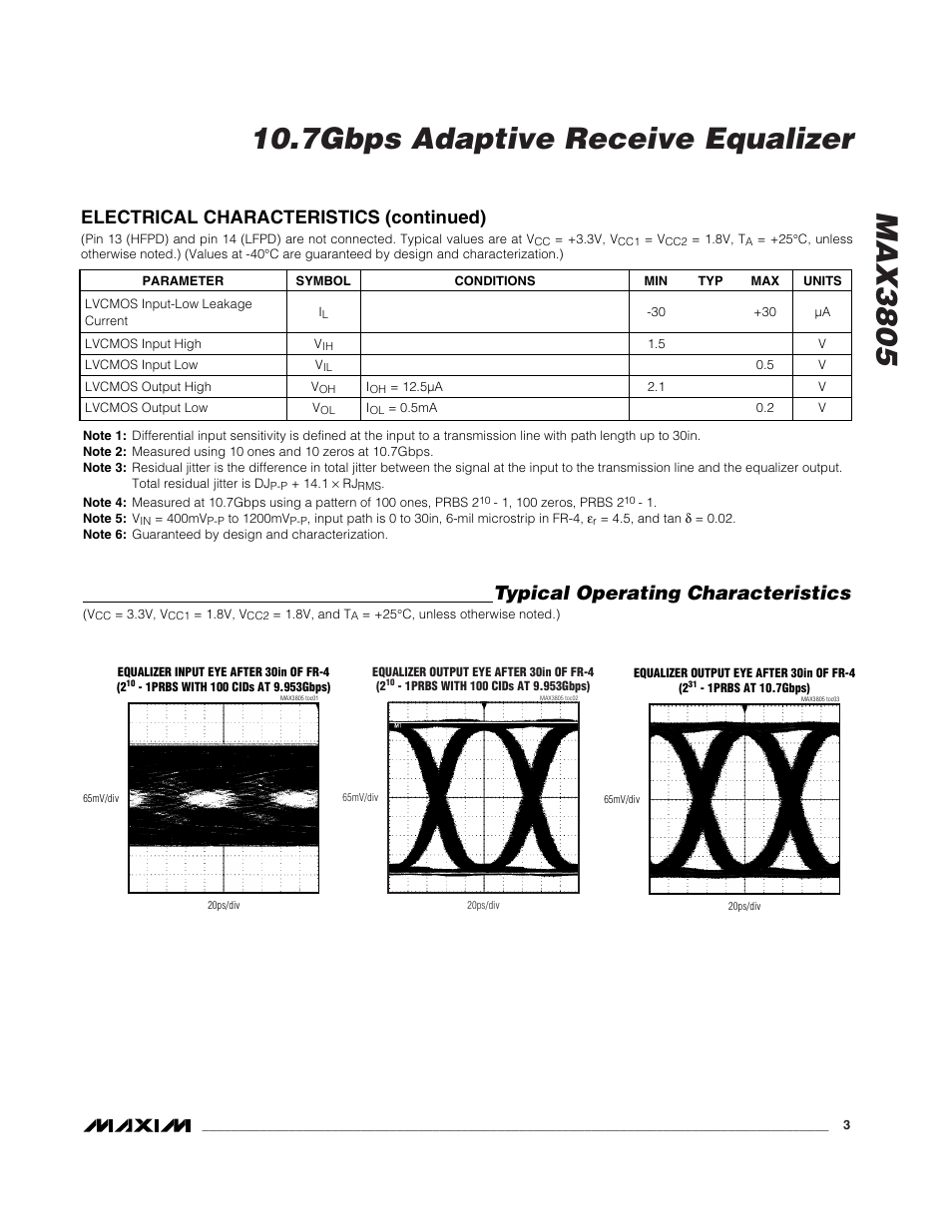 Typical operating characteristics, Electrical characteristics (continued) | Rainbow Electronics MAX3805 User Manual | Page 3 / 10