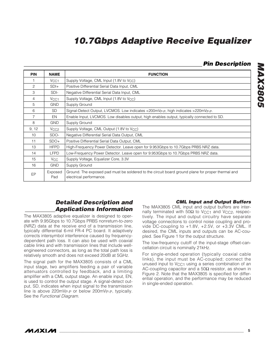 Detailed description and applications information, Pin description | Rainbow Electronics MAX3805 User Manual | Page 5 / 10