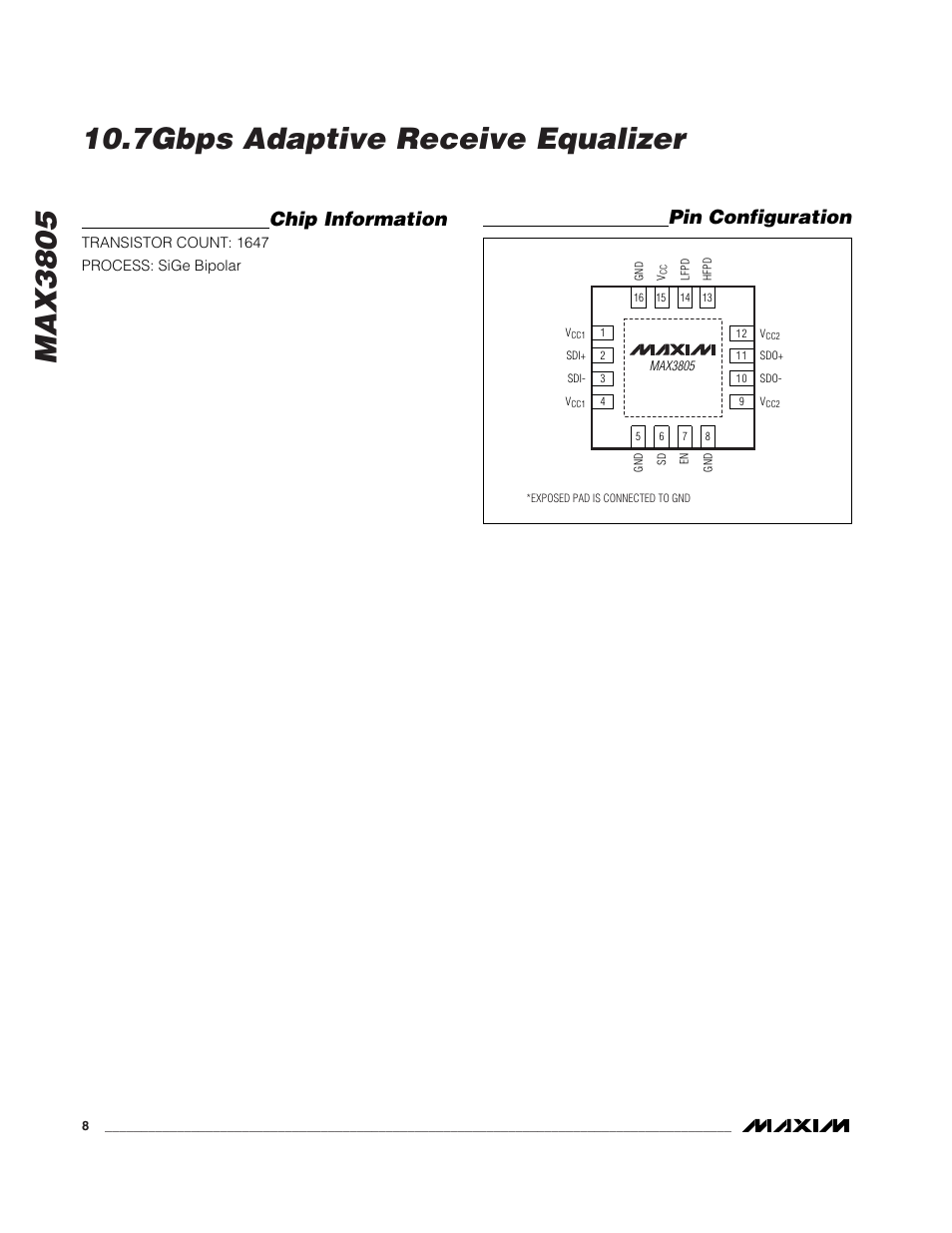 Pin configuration chip information | Rainbow Electronics MAX3805 User Manual | Page 8 / 10