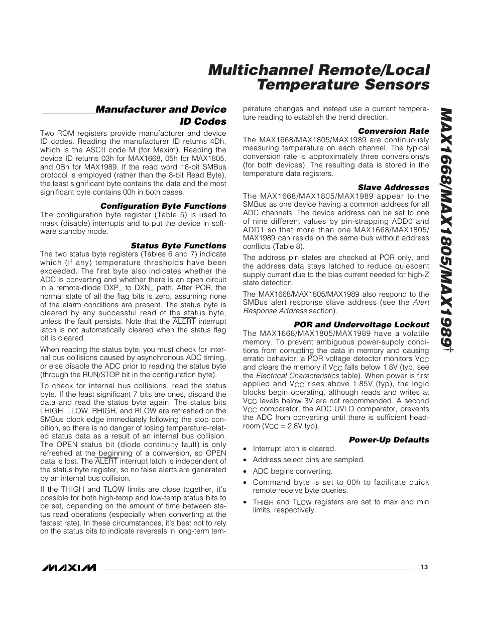 Multichannel remote/local temperature sensors, Manufacturer and device id codes | Rainbow Electronics MAX1989 User Manual | Page 13 / 16