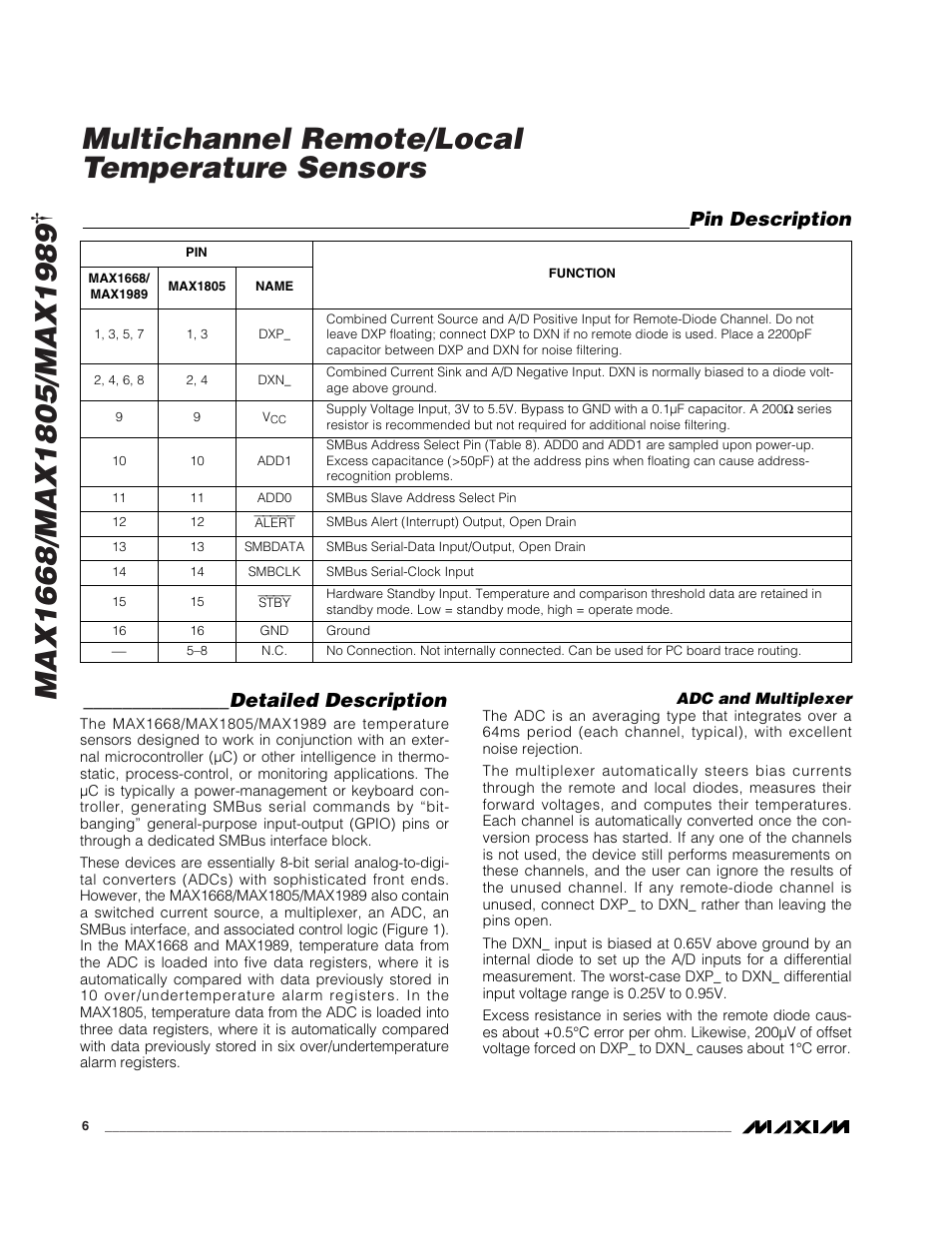 Multichannel remote/local temperature sensors, Detailed description, Pin description | Rainbow Electronics MAX1989 User Manual | Page 6 / 16