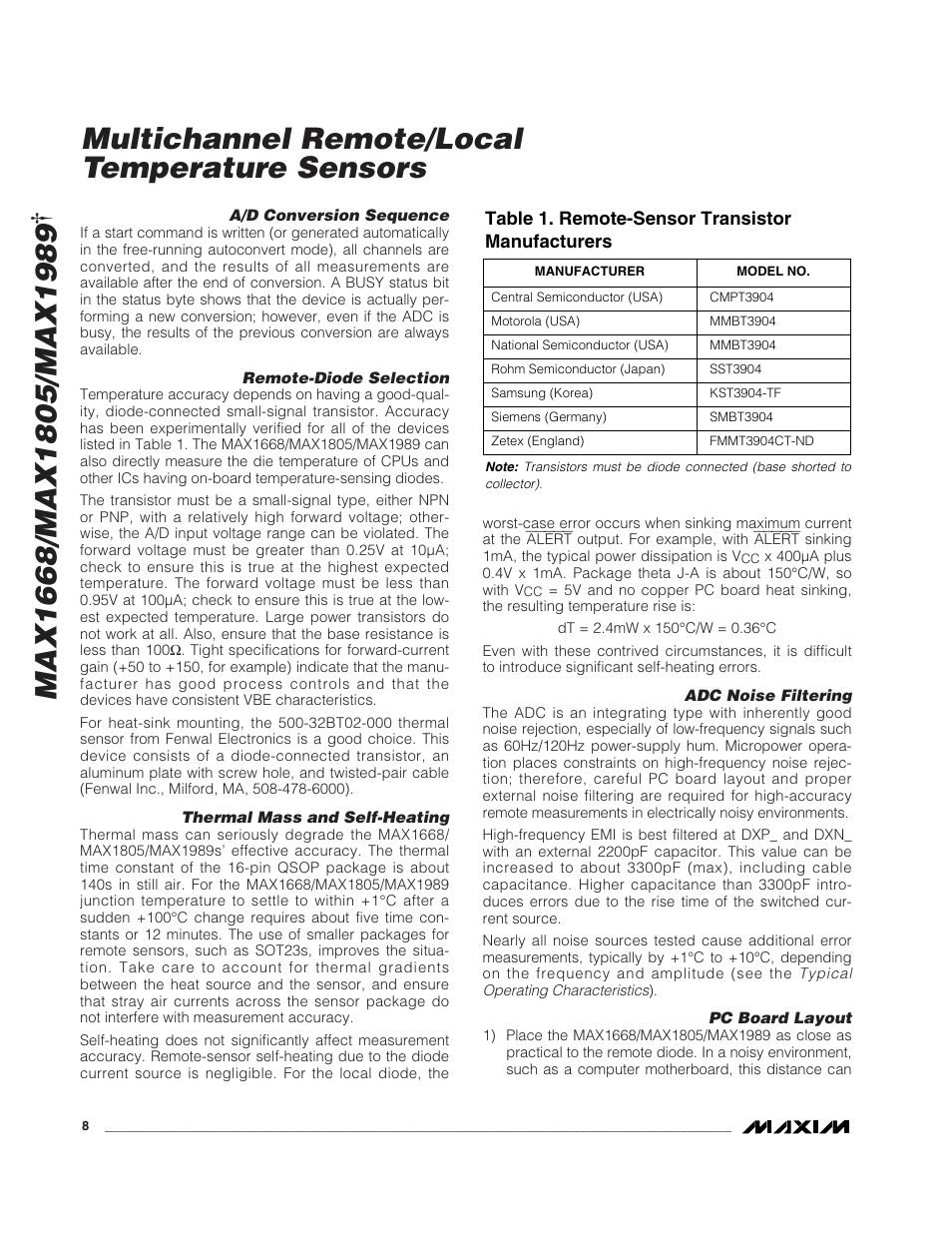 Multichannel remote/local temperature sensors, Table 1. remote-sensor transistor manufacturers | Rainbow Electronics MAX1989 User Manual | Page 8 / 16