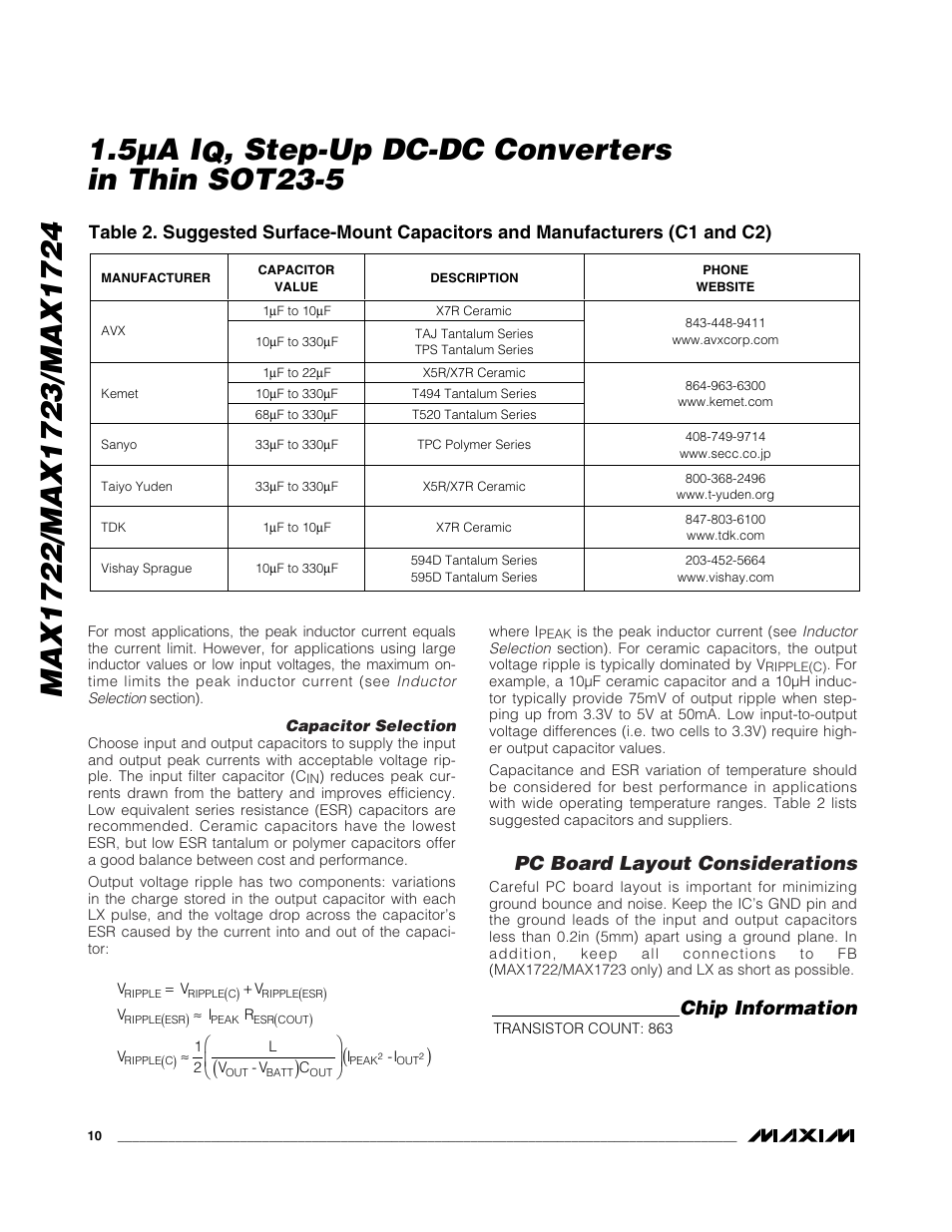 Step-up dc-dc converters in thin sot23-5, Pc board layout considerations, Chip information | Rainbow Electronics MAX1724 User Manual | Page 10 / 12