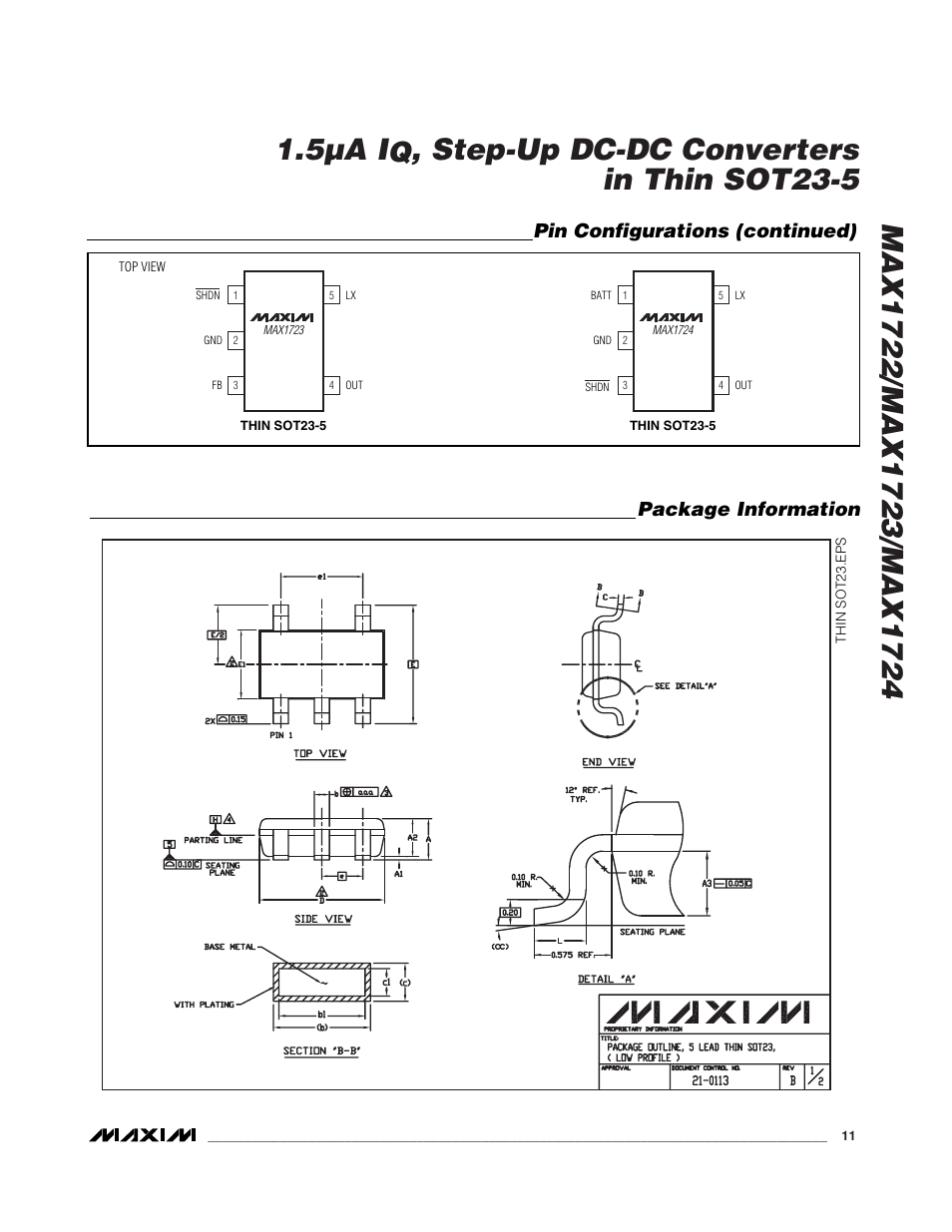 Step-up dc-dc converters in thin sot23-5, Package information, Pin configurations (continued) | Rainbow Electronics MAX1724 User Manual | Page 11 / 12