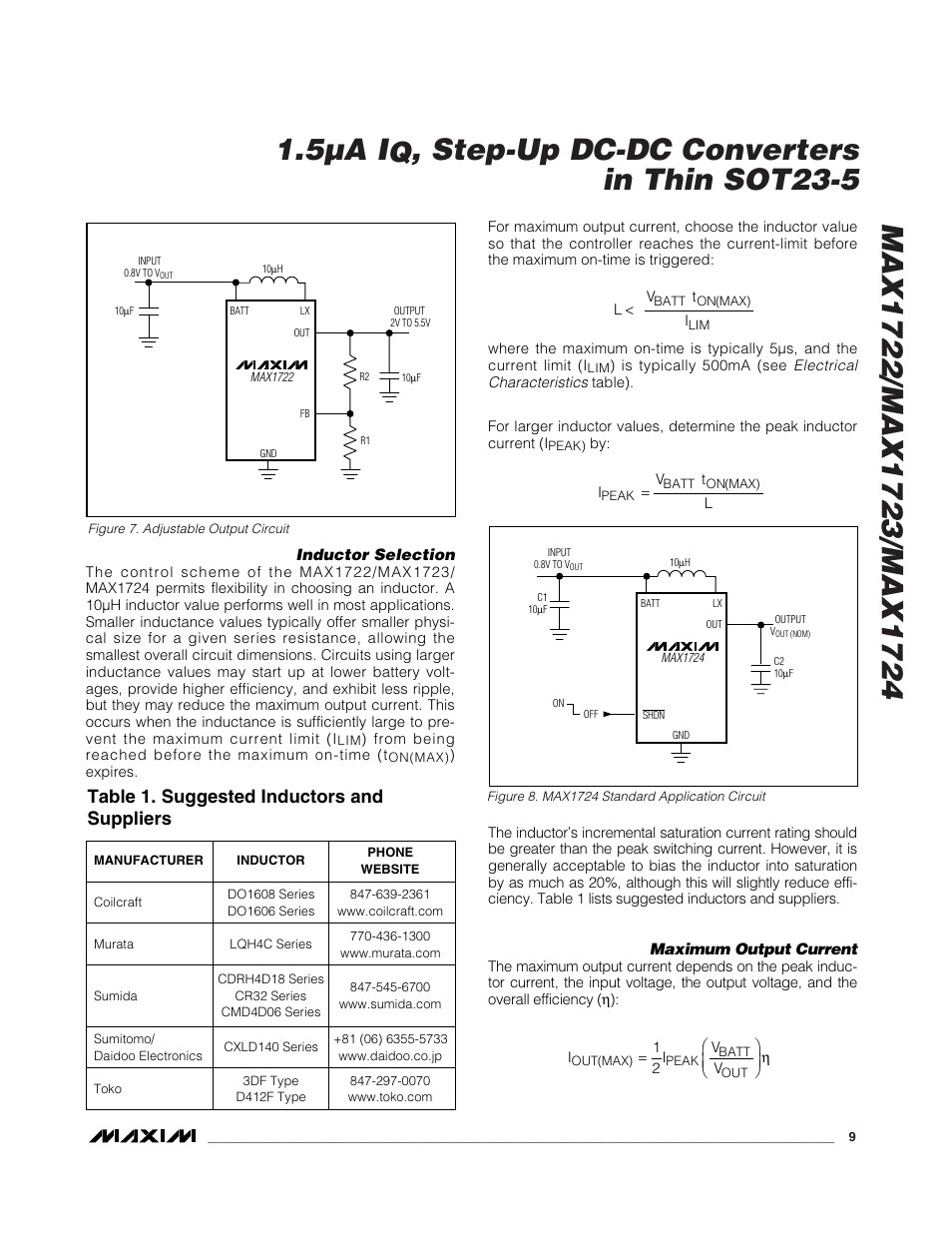 Step-up dc-dc converters in thin sot23-5, Table 1. suggested inductors and suppliers | Rainbow Electronics MAX1724 User Manual | Page 9 / 12