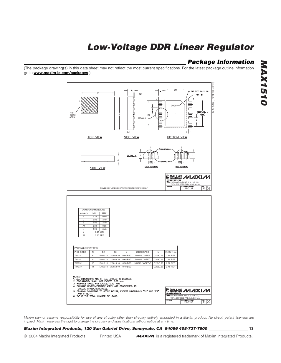 Max1510 low-voltage ddr linear regulator, Package information | Rainbow Electronics MAX1510 User Manual | Page 13 / 13