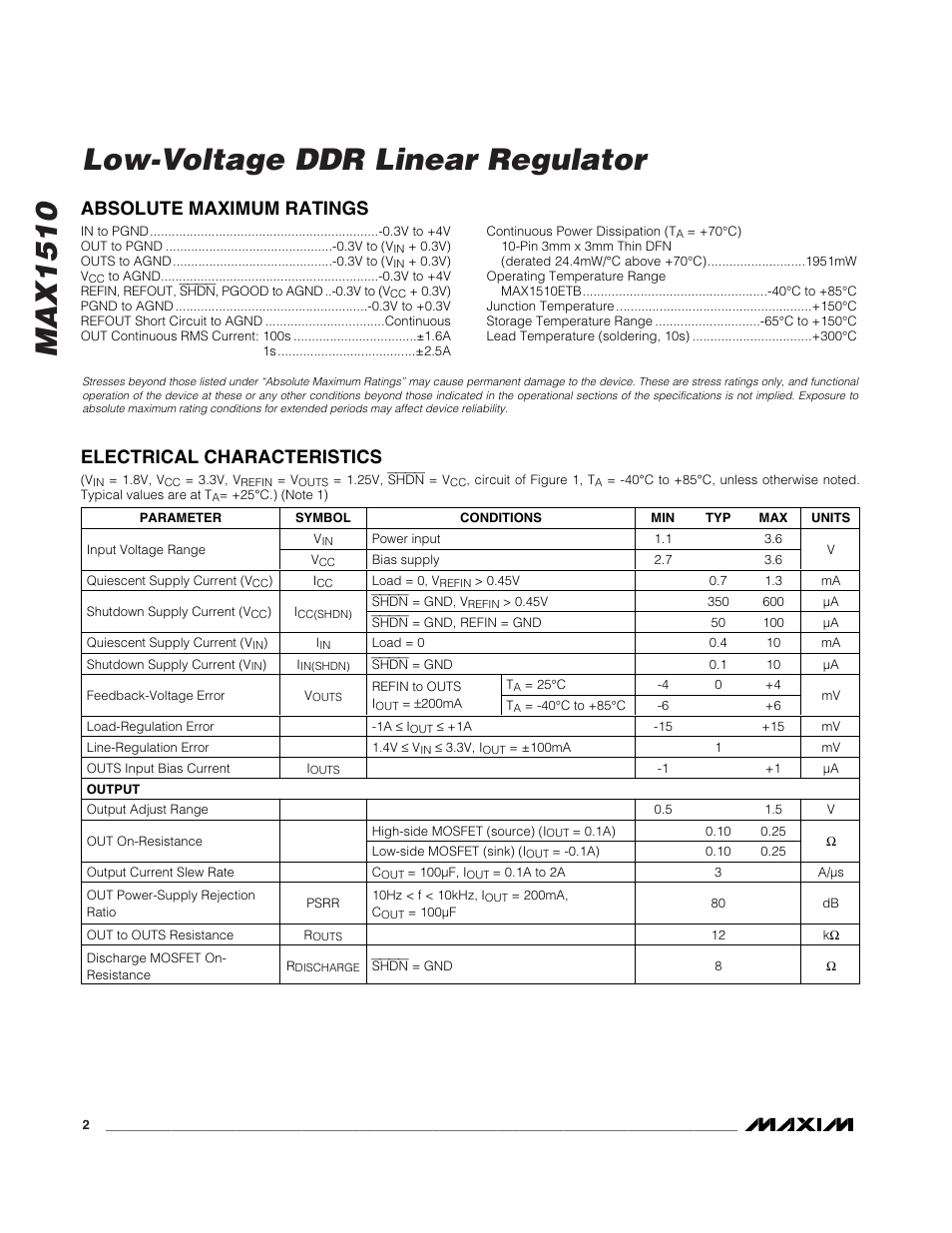 Max1510 low-voltage ddr linear regulator | Rainbow Electronics MAX1510 User Manual | Page 2 / 13