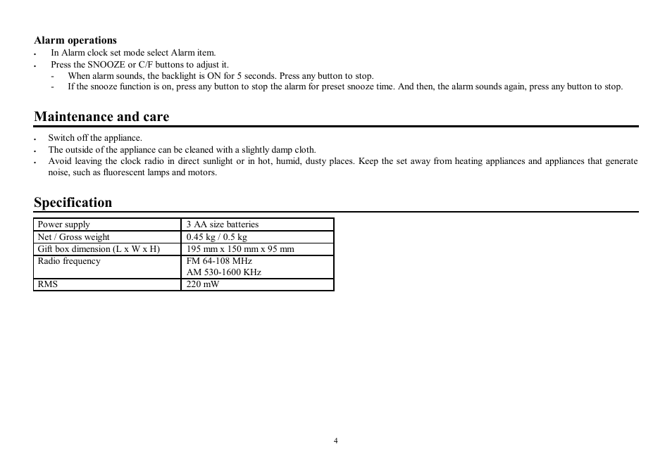Maintenance and care, Specification | Hyundai H-1518 User Manual | Page 4 / 7