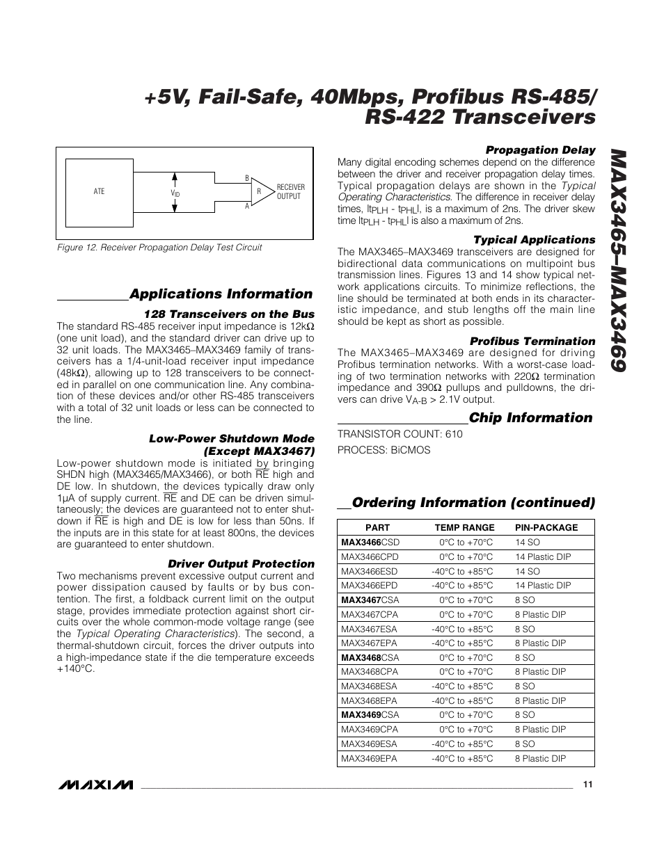 Applications information, Chip information, Ordering information (continued) | Rainbow Electronics MAX3469 User Manual | Page 11 / 14