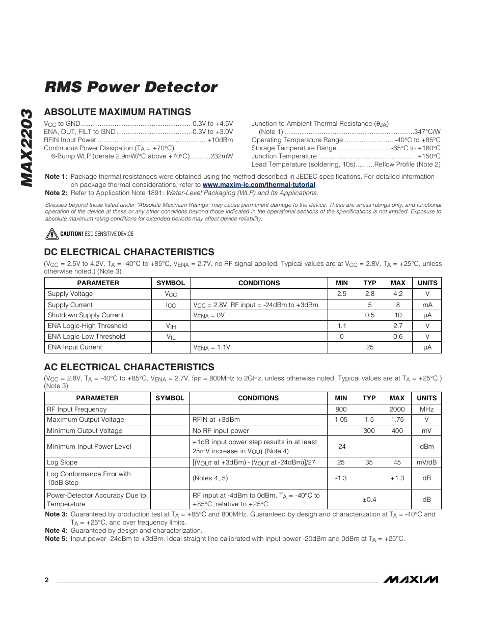Max2203 rms power detector, Ac electrical characteristics | Rainbow Electronics MAX2203 User Manual | Page 2 / 7