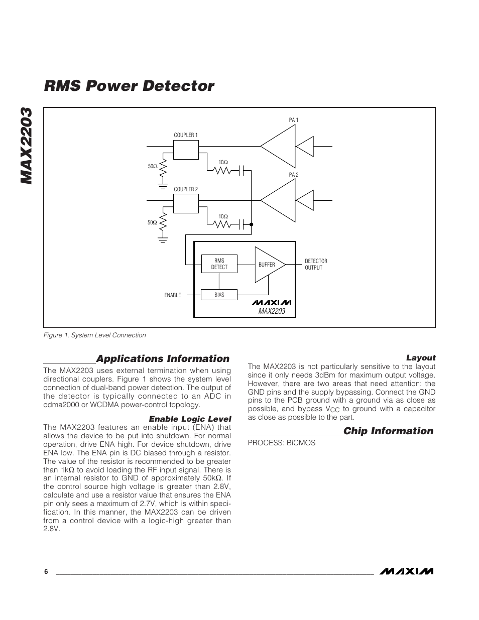 Max2203, Rms power detector, Applications information | Chip information | Rainbow Electronics MAX2203 User Manual | Page 6 / 7