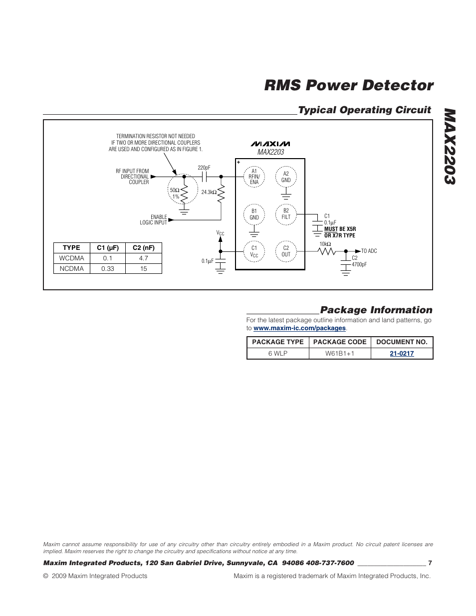 Max2203 rms power detector, Typical operating circuit package information | Rainbow Electronics MAX2203 User Manual | Page 7 / 7