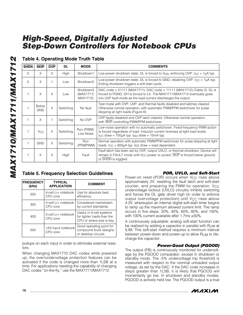 Table 4. operating mode truth table, Table 5. frequency selection guidelines | Rainbow Electronics MAX1712 User Manual | Page 16 / 28