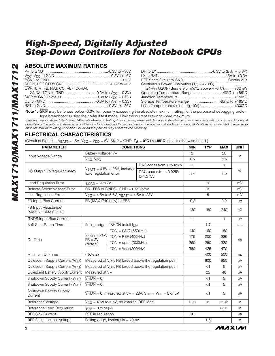 Absolute maximum ratings, Electrical characteristics | Rainbow Electronics MAX1712 User Manual | Page 2 / 28