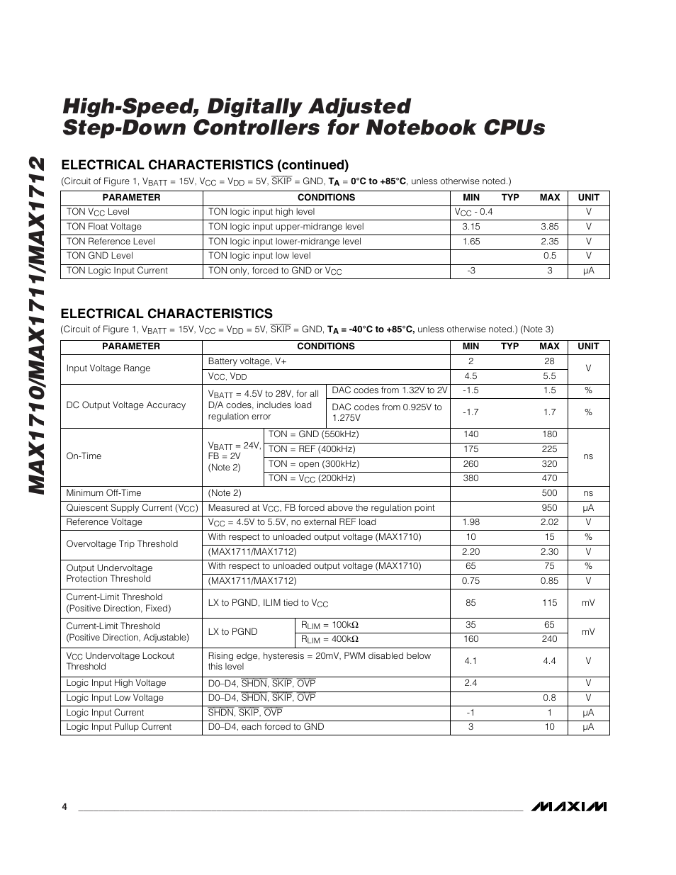 Electrical characteristics, Electrical characteristics (continued) | Rainbow Electronics MAX1712 User Manual | Page 4 / 28