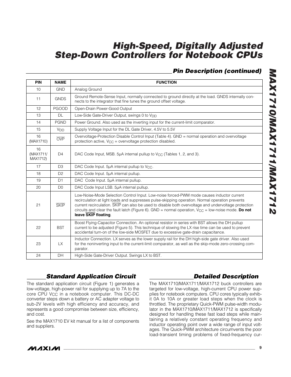 Standard application circuit, Detailed description, Pin description (continued) | Rainbow Electronics MAX1712 User Manual | Page 9 / 28