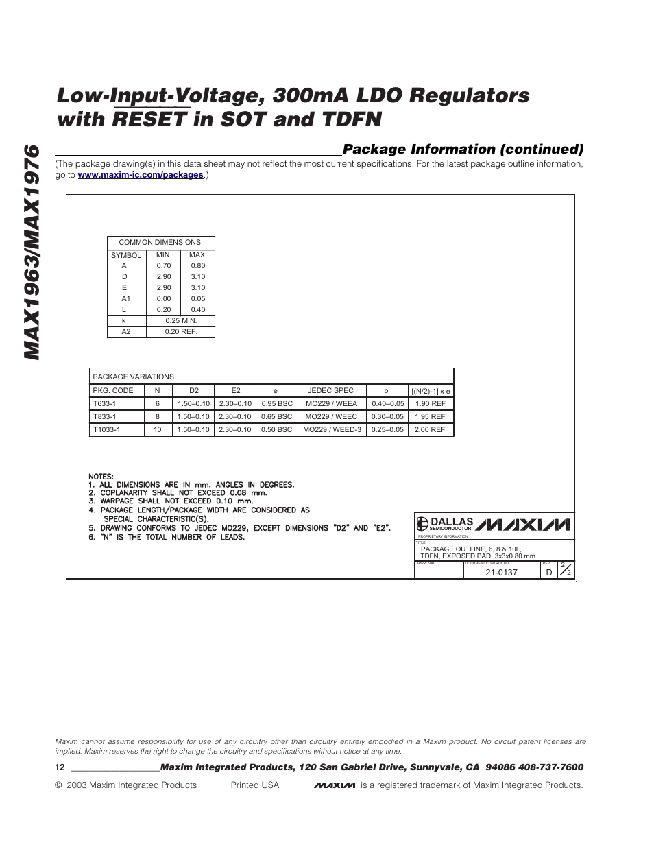 Reset, Package information (continued), Dallas | Rainbow Electronics MAX1976 User Manual | Page 12 / 12