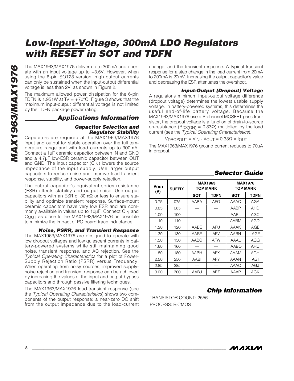 Reset, Low-input-voltage, 300ma ldo regulators with, Applications information | Chip information, Selector guide | Rainbow Electronics MAX1976 User Manual | Page 8 / 12