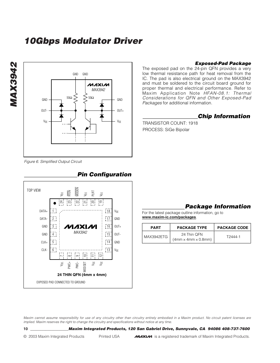 Package information, Chip information, Pin configuration | Rainbow Electronics MAX3942 User Manual | Page 10 / 10
