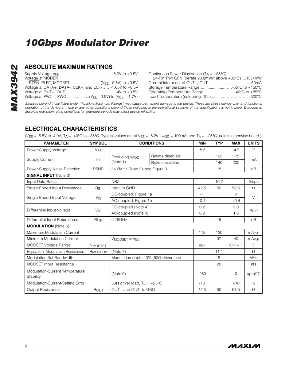 Absolute maximum ratings, Electrical characteristics | Rainbow Electronics MAX3942 User Manual | Page 2 / 10