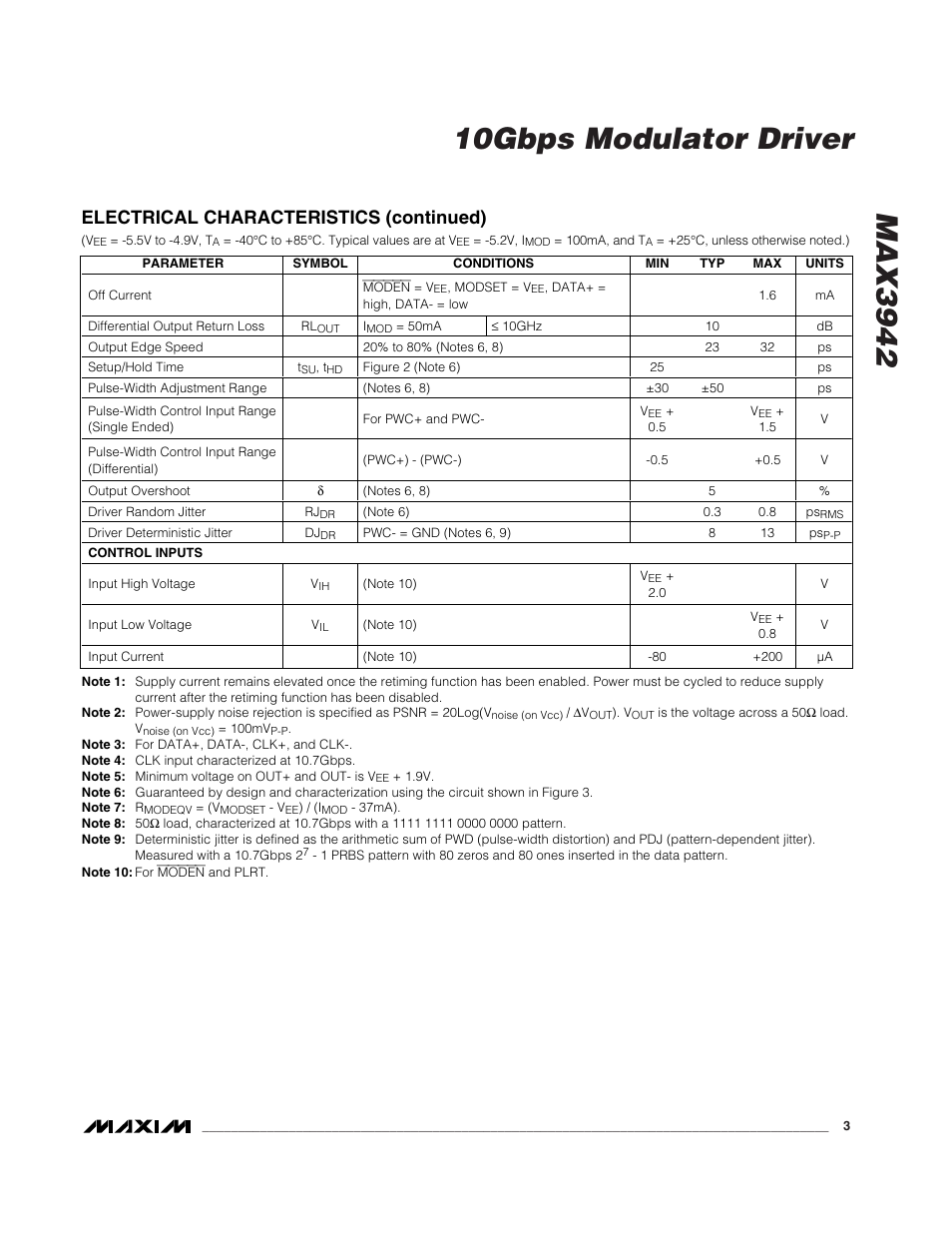 Electrical characteristics (continued) | Rainbow Electronics MAX3942 User Manual | Page 3 / 10