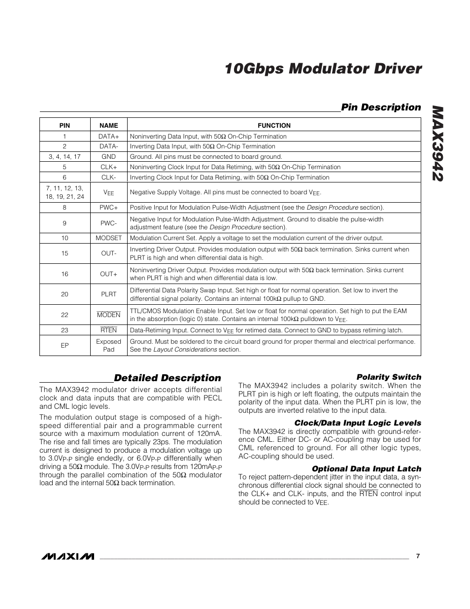 Detailed description, Pin description | Rainbow Electronics MAX3942 User Manual | Page 7 / 10
