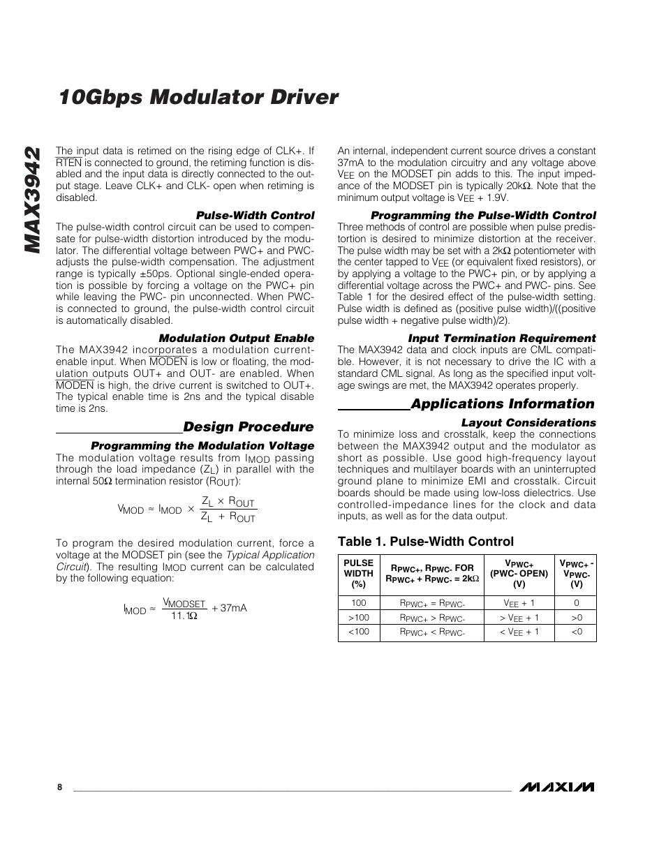 Design procedure, Applications information, Table 1. pulse-width control | Rainbow Electronics MAX3942 User Manual | Page 8 / 10