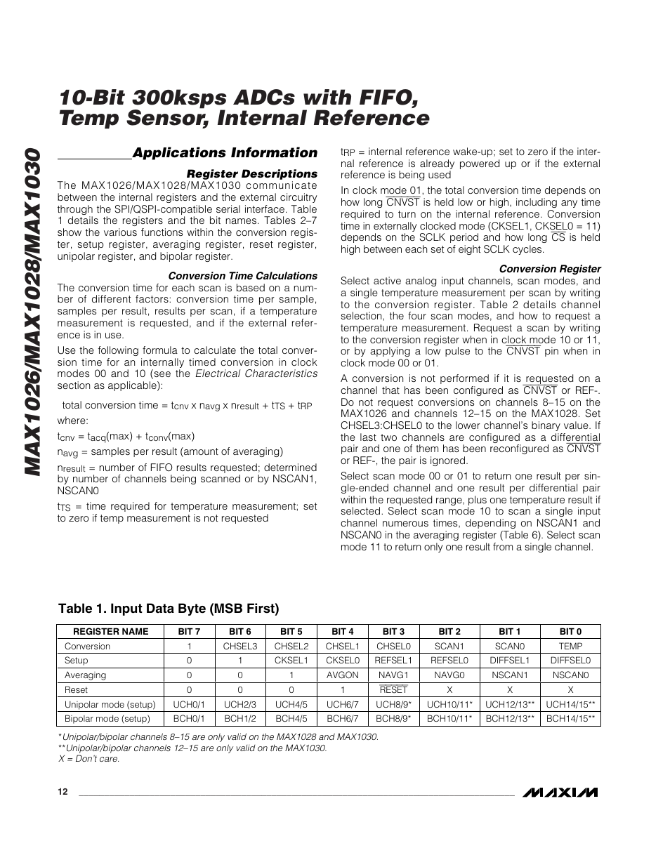 Applications information, Table 1. input data byte (msb first) | Rainbow Electronics MAX1030 User Manual | Page 12 / 24