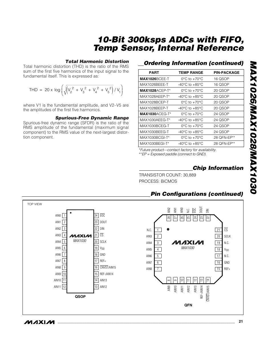Ordering information (continued), Pin configurations (continued), Chip information | Rainbow Electronics MAX1030 User Manual | Page 21 / 24