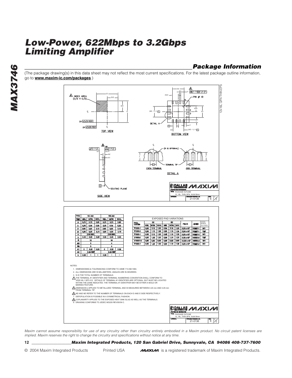 Package information | Rainbow Electronics MAX3746 User Manual | Page 12 / 12