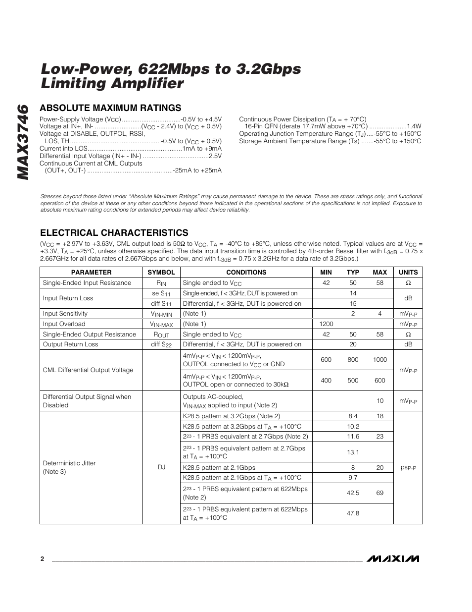 Absolute maximum ratings, Electrical characteristics | Rainbow Electronics MAX3746 User Manual | Page 2 / 12