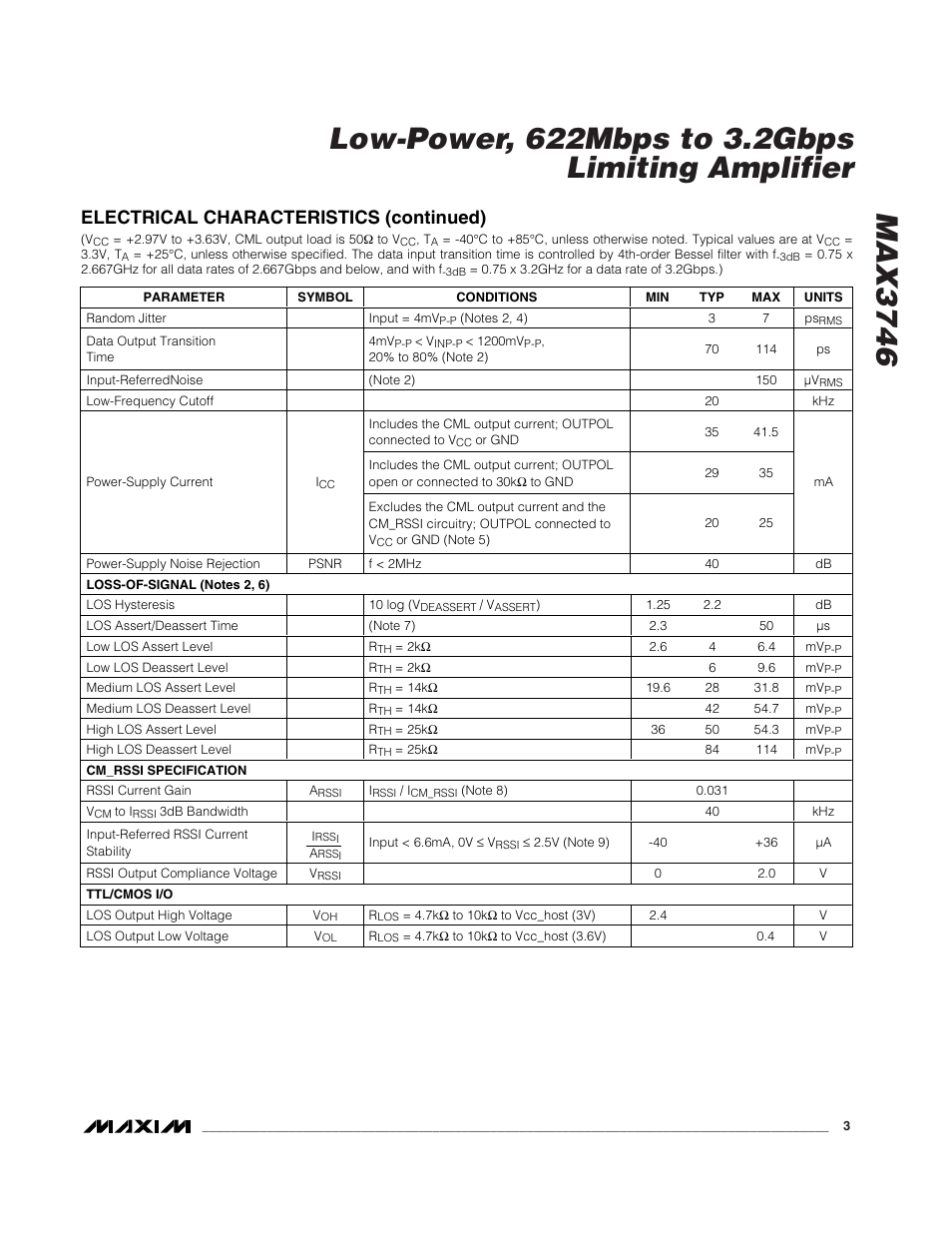Electrical characteristics (continued) | Rainbow Electronics MAX3746 User Manual | Page 3 / 12