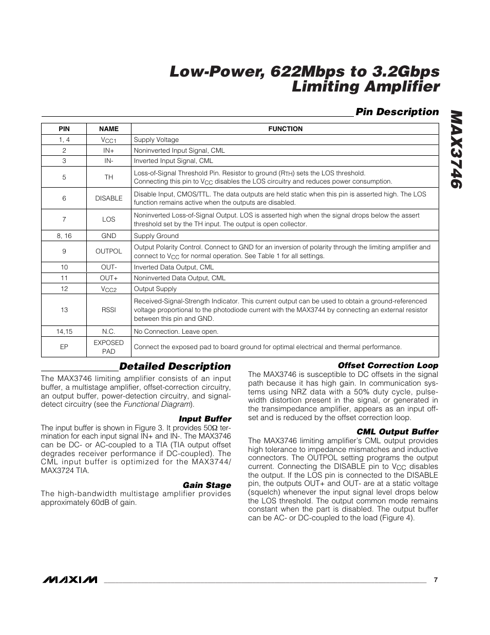 Pin description detailed description | Rainbow Electronics MAX3746 User Manual | Page 7 / 12