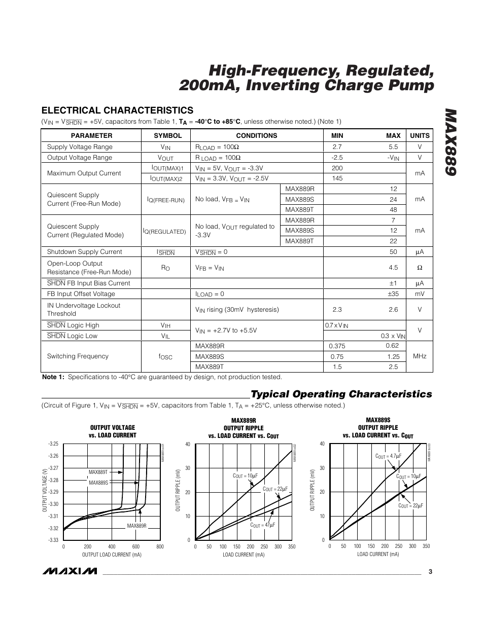 Typical operating characteristics, Electrical characteristics | Rainbow Electronics MAX889 User Manual | Page 3 / 8