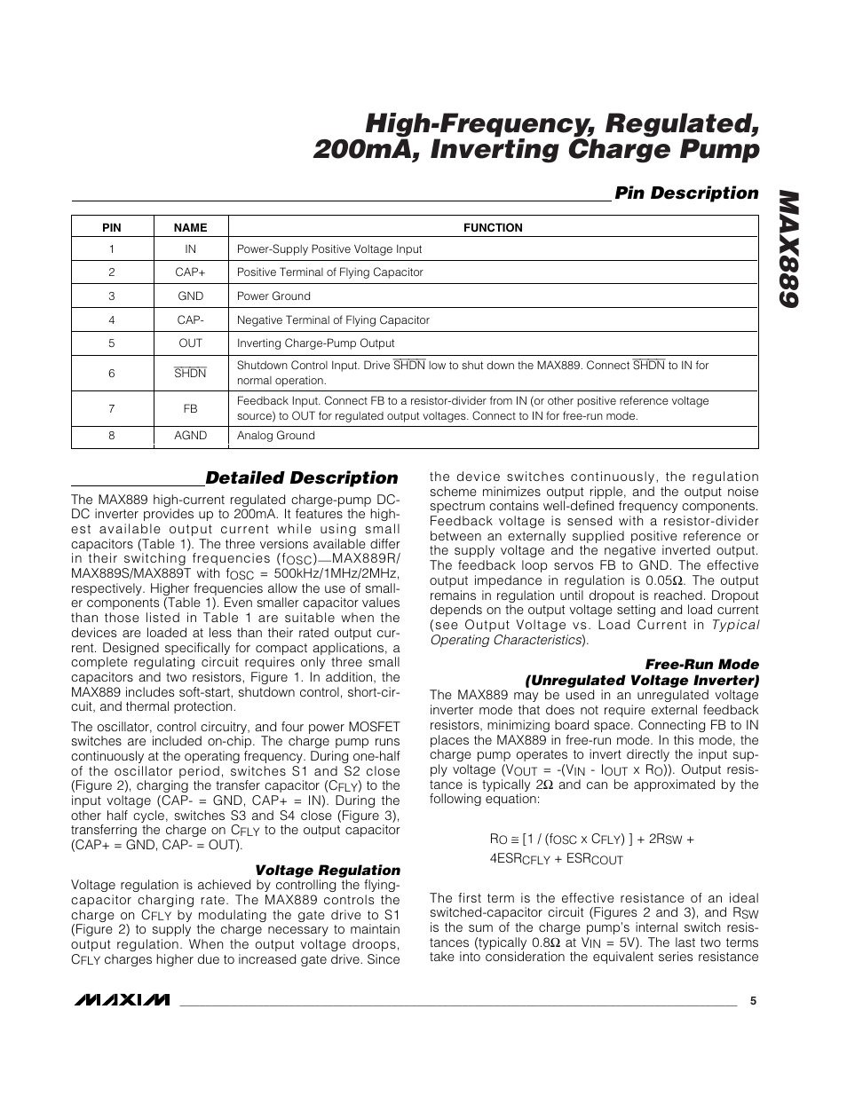 Pin description, Detailed description | Rainbow Electronics MAX889 User Manual | Page 5 / 8