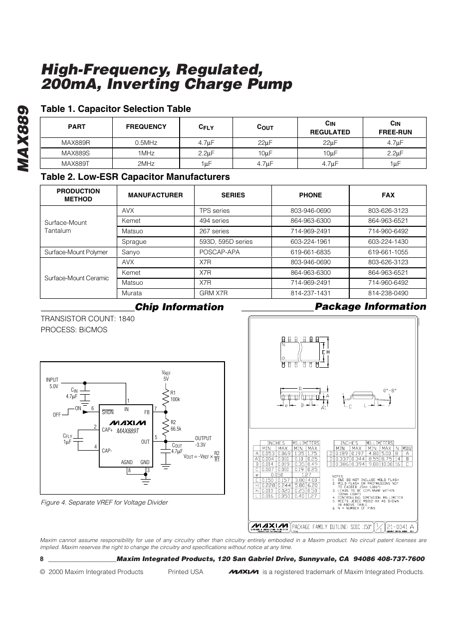 Chip information, Package information, Table 1. capacitor selection table | Table 2. low-esr capacitor manufacturers | Rainbow Electronics MAX889 User Manual | Page 8 / 8