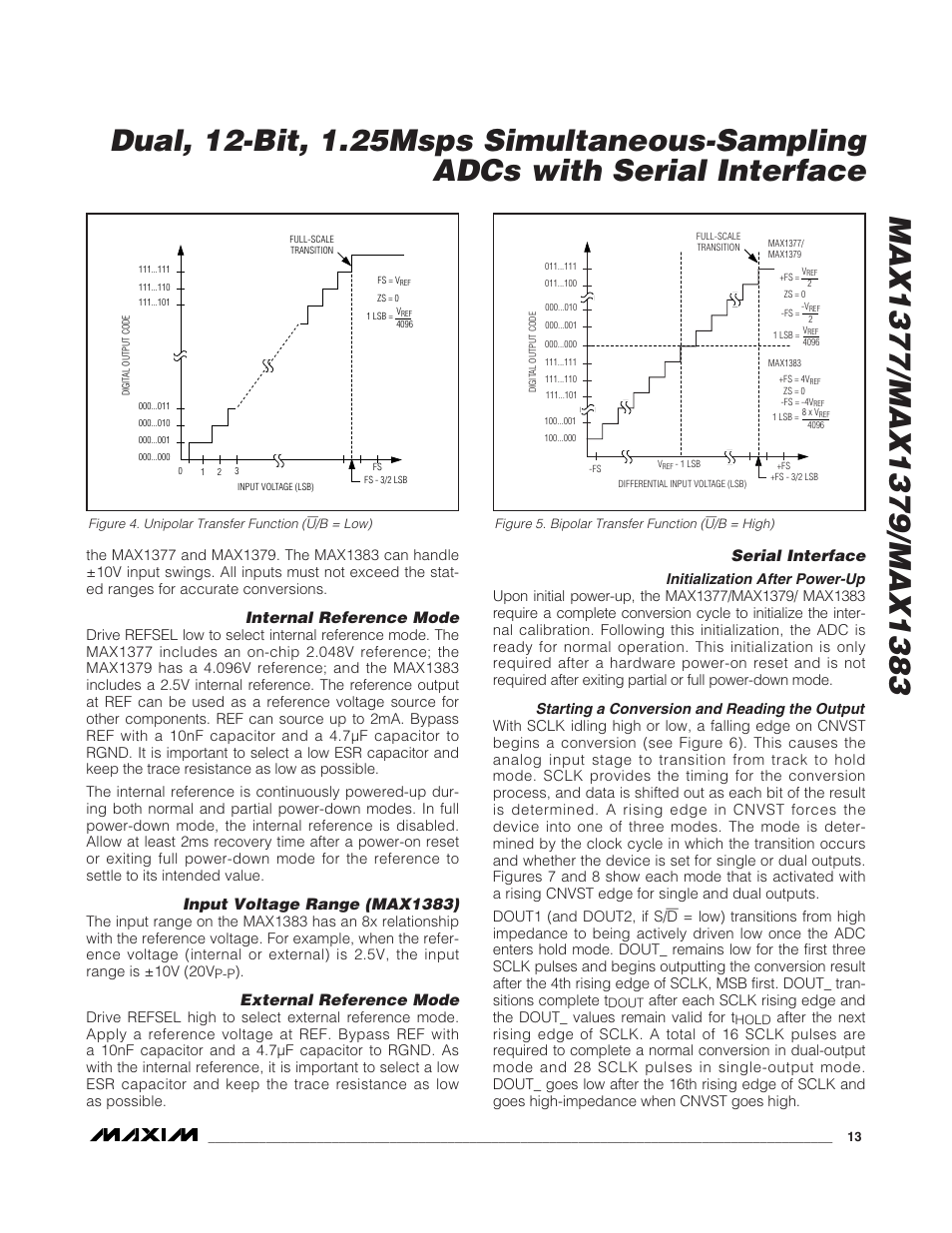 Internal reference mode, Input voltage range (max1383), External reference mode | Serial interface, Initialization after power-up, Starting a conversion and reading the output | Rainbow Electronics MAX1383 User Manual | Page 13 / 22