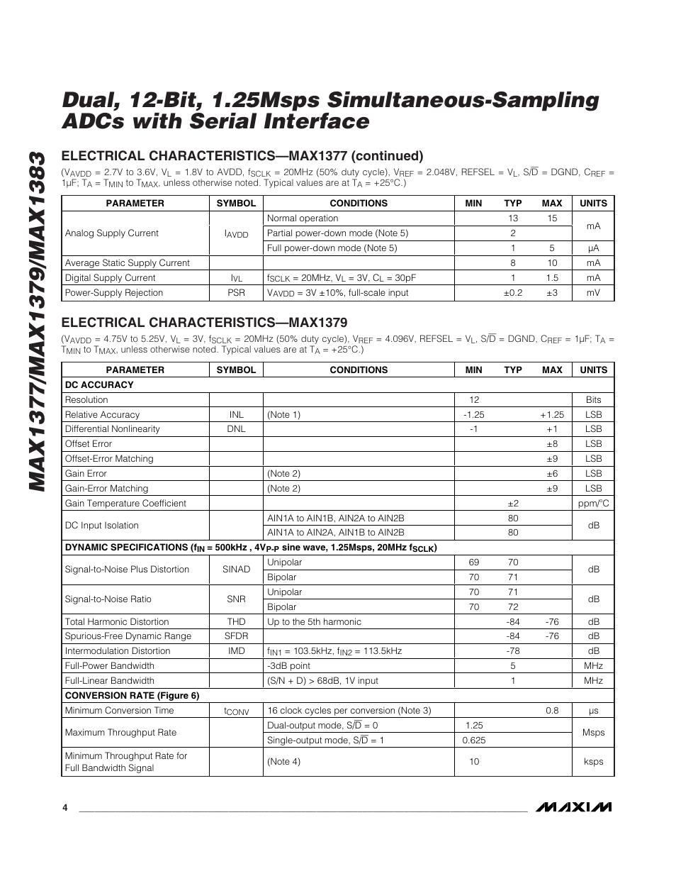 Electrical characteristics—max1377 (continued), Electrical characteristics—max1379 | Rainbow Electronics MAX1383 User Manual | Page 4 / 22