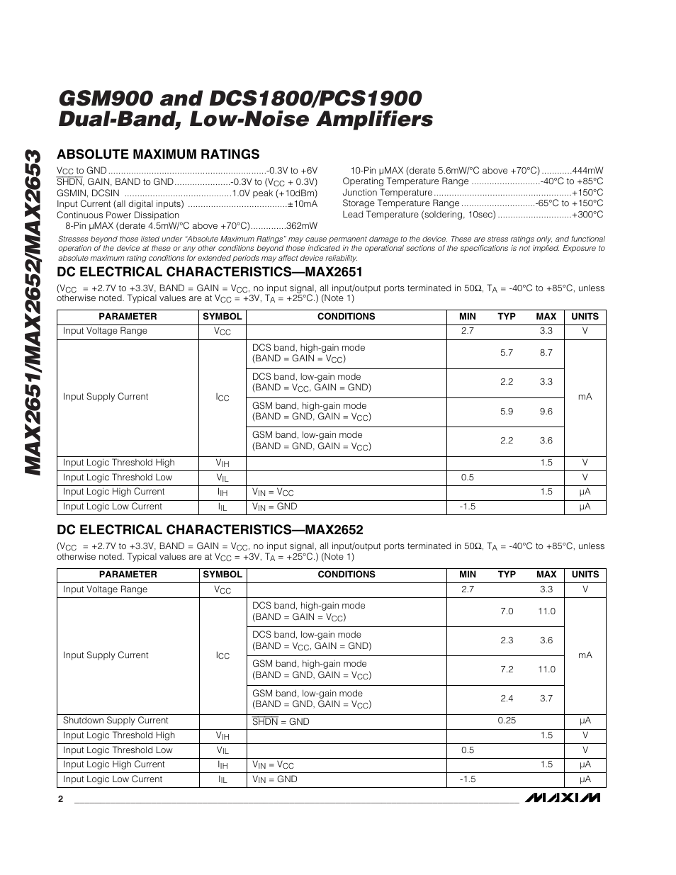 Dc electrical characteristics—max2652 | Rainbow Electronics MAX2653 User Manual | Page 2 / 16