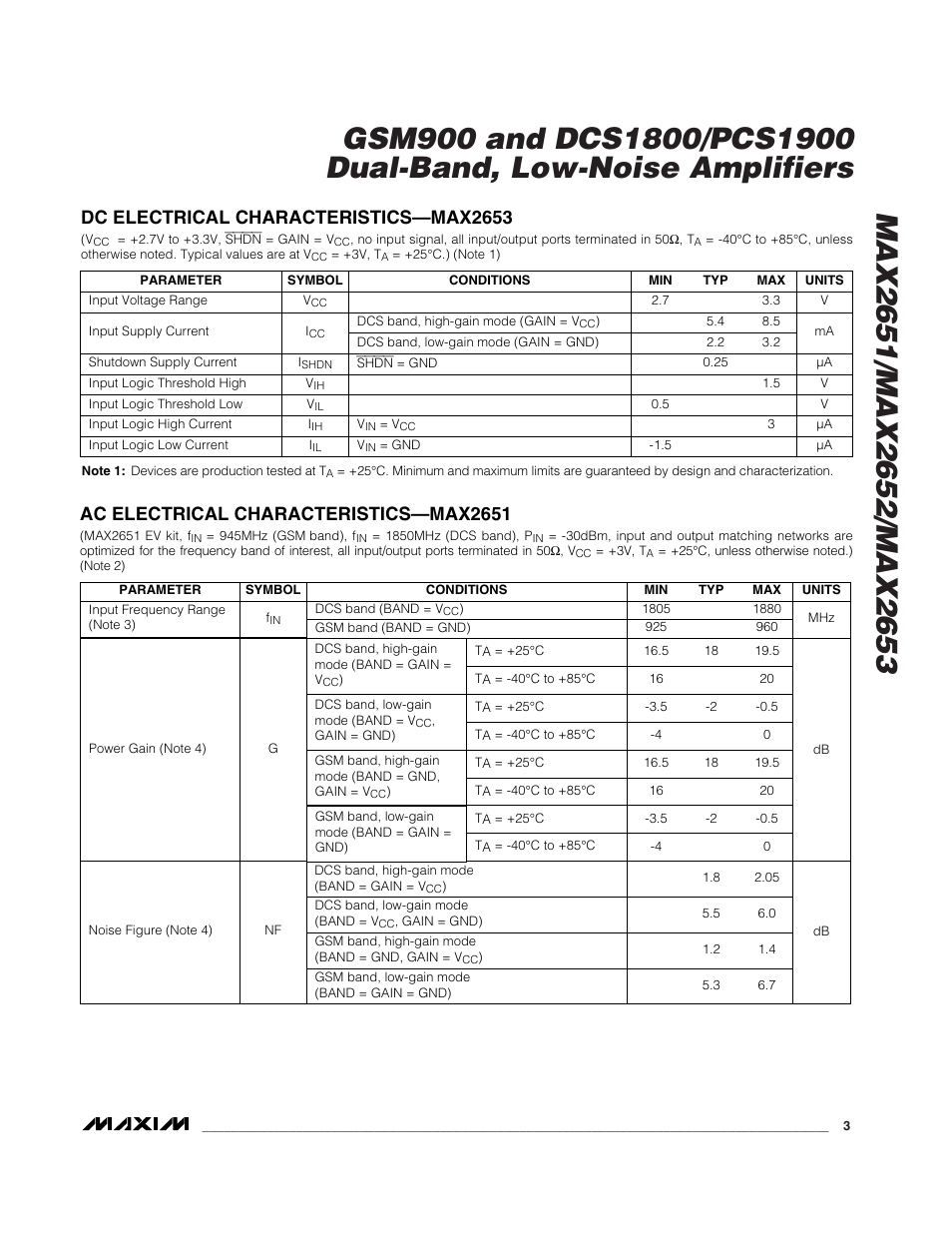 Dc electrical characteristics—max2653, Ac electrical characteristics—max2651 | Rainbow Electronics MAX2653 User Manual | Page 3 / 16