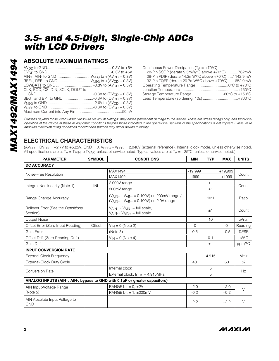 Absolute maximum ratings, Electrical characteristics | Rainbow Electronics MAX1494 User Manual | Page 2 / 35