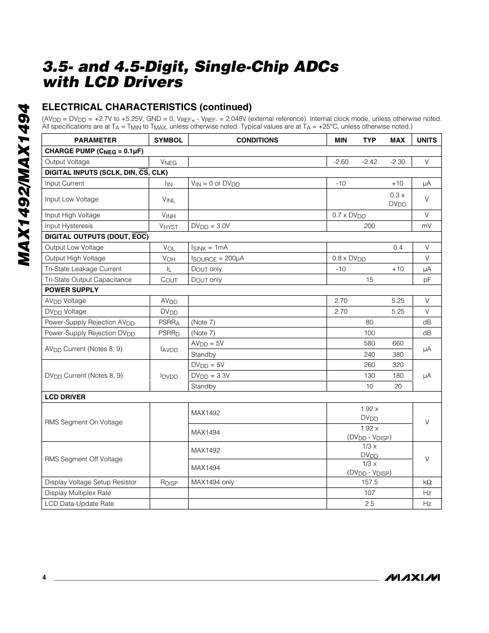 Electrical characteristics (continued) | Rainbow Electronics MAX1494 User Manual | Page 4 / 35