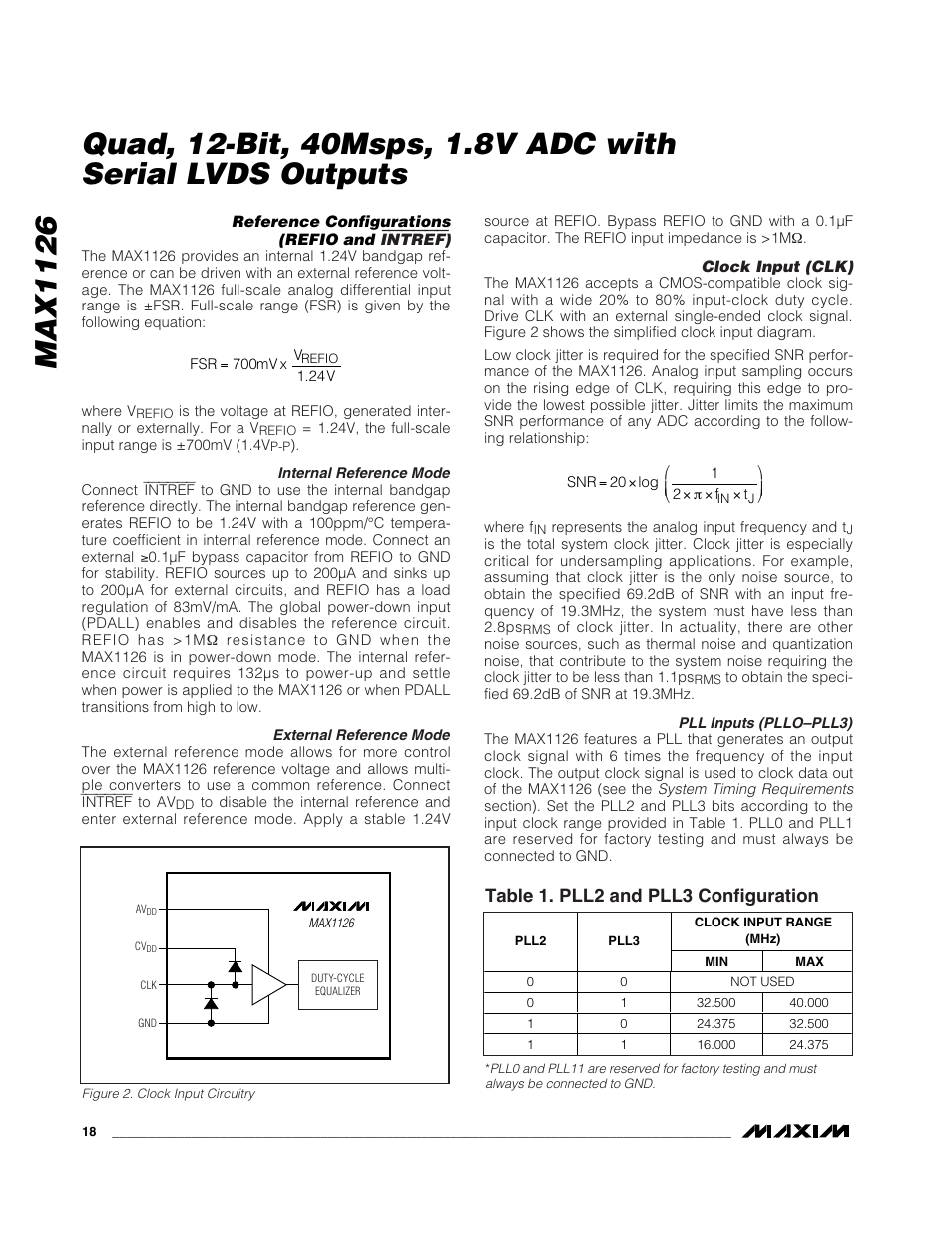 Table 1. pll2 and pll3 configuration | Rainbow Electronics MAX1126 User Manual | Page 18 / 25