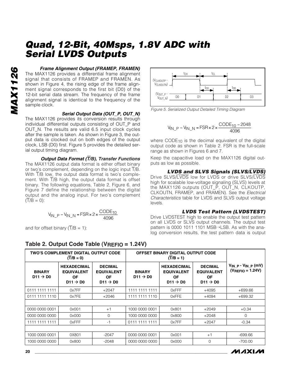 Table 2. output code table (v, 24v), Lvds | Refio | Rainbow Electronics MAX1126 User Manual | Page 20 / 25